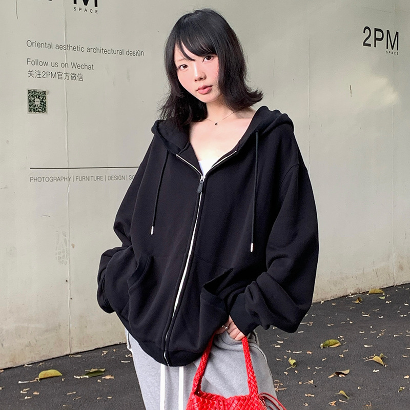 重磅毛圈棉秋冬新款卫衣外套女装韩系拉链慵懒风宽松连帽开衫上衣|undefined