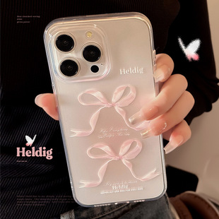 Sweet Pink Bow Apple 16 Phone Case 14 Transparent iphone15promax Silicone 11 Suitable for Hair