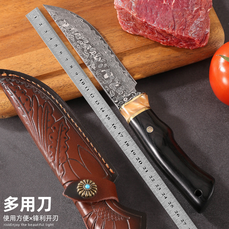 手作りの鍛打ナイフのダマスカスの紋様は屋外でキャンプして多機能を求めて肉を食べて携帯して身を守る果物の刃物を食べます。|undefined