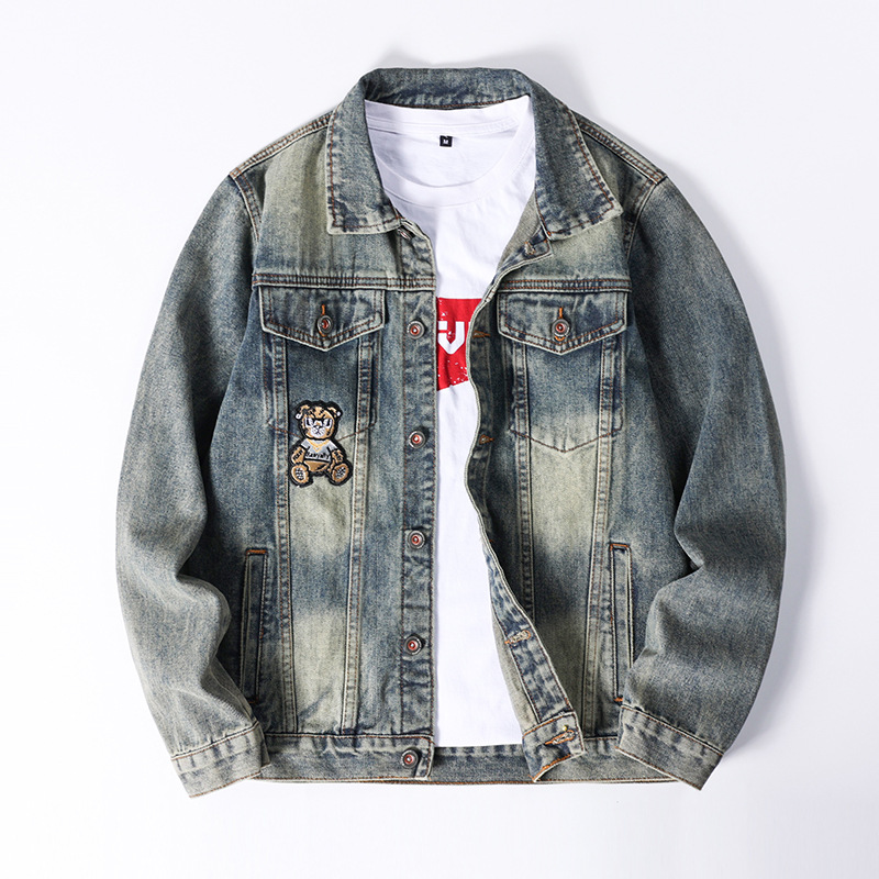 Bear [Trendy] High-luxury locomotive style embroidery fashionable men's denim jacket, denim jacket men's top 532_voghion.com