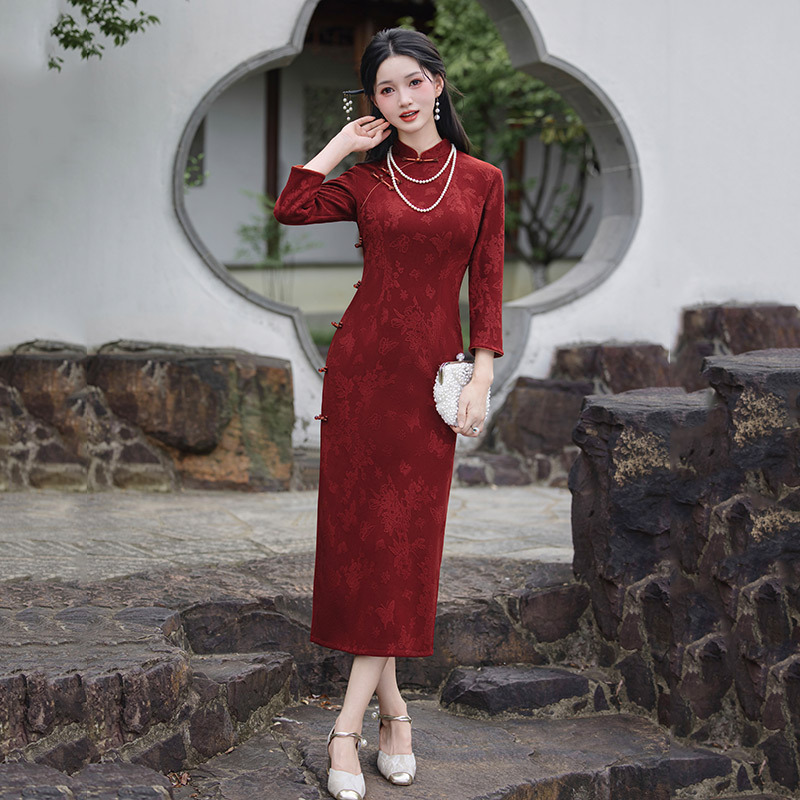 红色国风中式苏州长款秋季长袖旗袍改良年轻款女复古修身收腰春秋|undefined