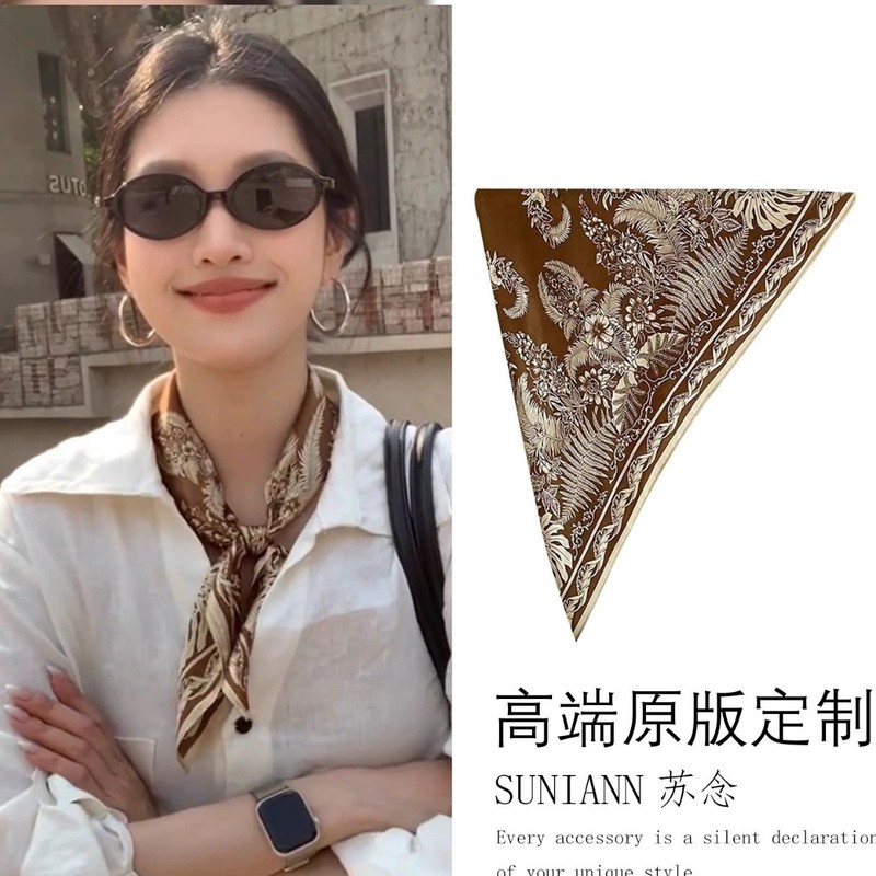 复古老钱风咖色印花丝巾个性气质百搭小方巾小众设计感时尚颈饰女|undefined