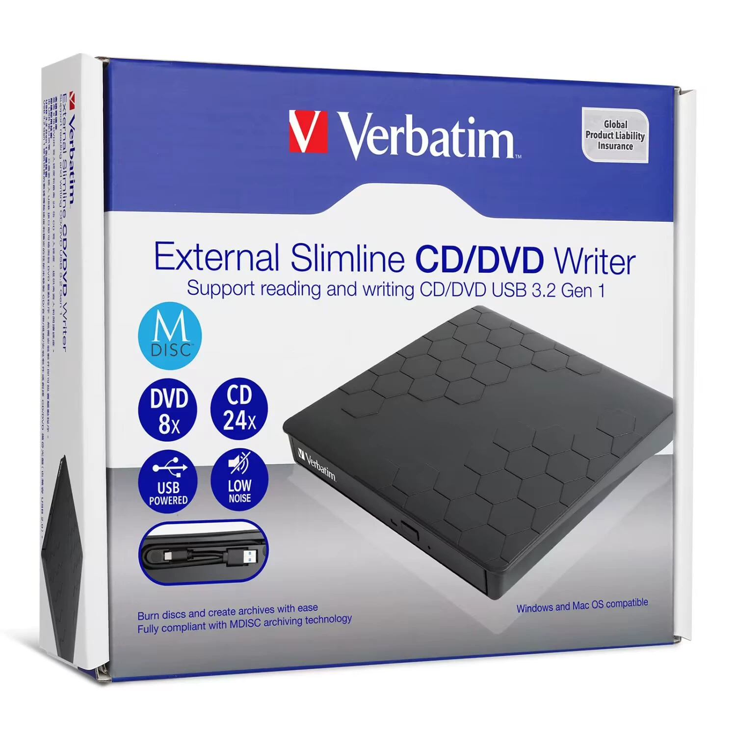Внешний привод Verbatim 66806 с оптическим приводом USB 3.2/Type-C, поддерживающий M-DISC