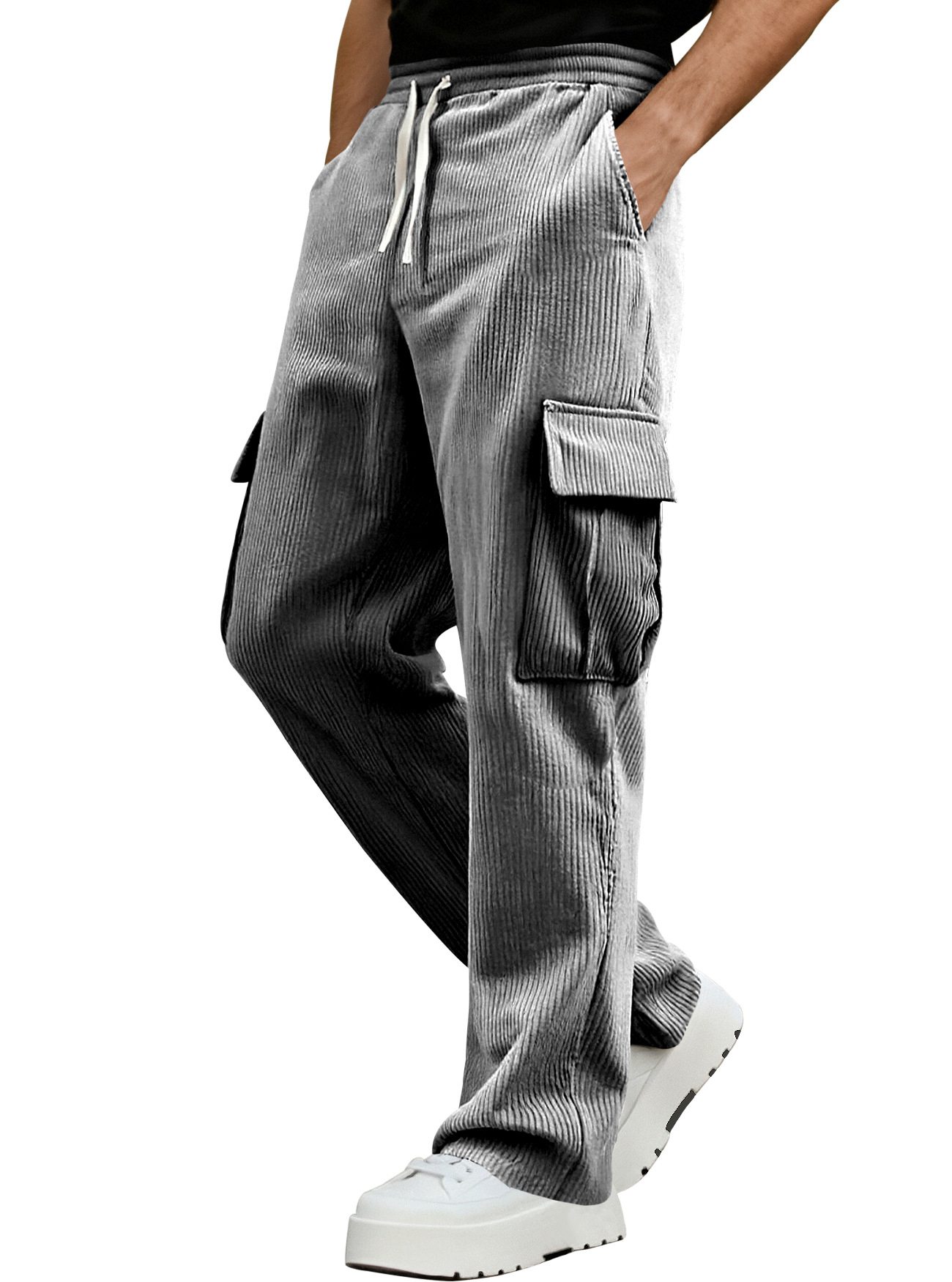 Monochrome Herren-Sommer-Arbeitshose im amerikanischen Retro-Stil, lässige Sporthose, lockere, gerade Cordhose mit weitem Bein_voghion.com