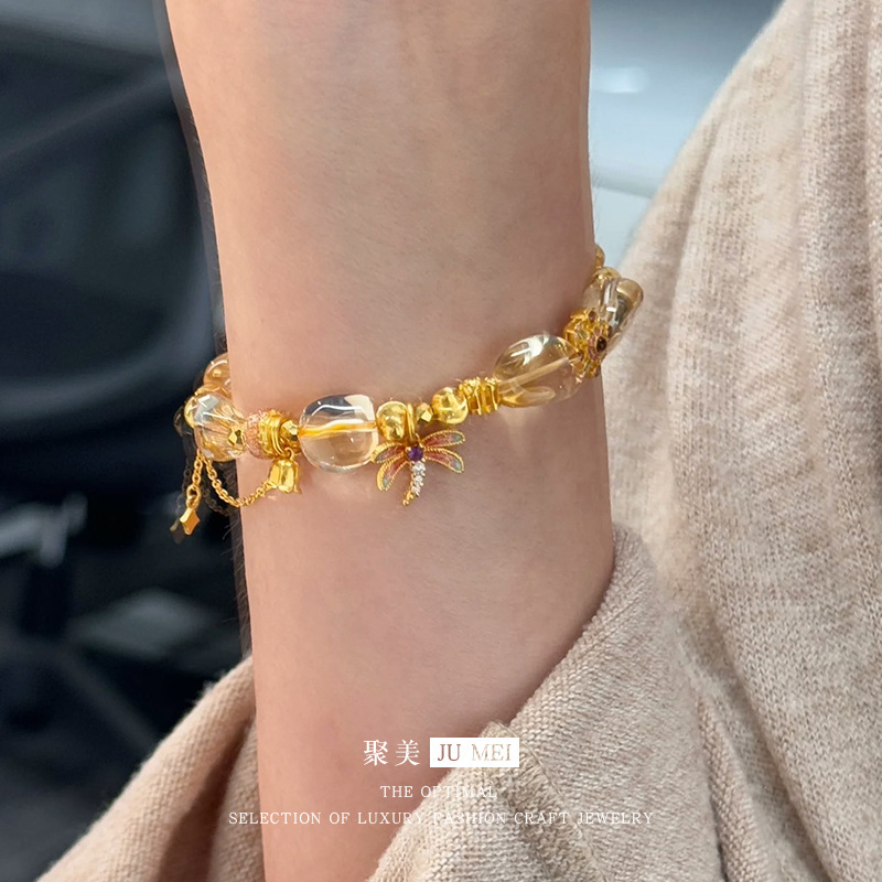 Light Luxury White Crystal Dragonfly Bracelet, Elegant Sand Gold Inlaid with Diamonds, Dynamic and Fresh Floral Design, Friendship Jewelry Wholesale