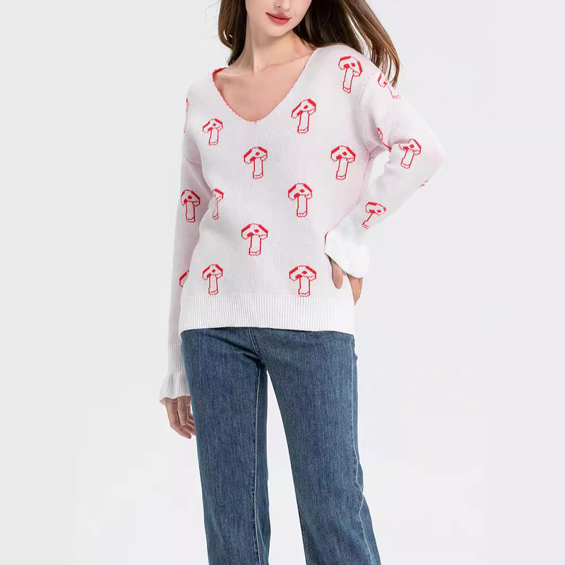 Women's V-neck Pullover Mushroom Pattern Small Chanel Style Loose Top Women's Knitted Soft Waxy Sweater