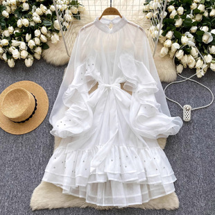 Diamond-Encrusted Fairy Long-Sleeved Waist-Cinching Slimming Skirt with Ruffles for Women European and American Style Dress