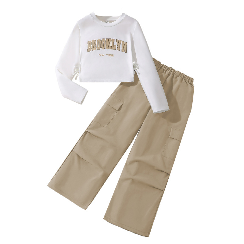 Zweiteiliges Mädchen-Set im neuen Frühlingsstil: Vielseitiges Langarm-Sweatshirt mit Buchstabenaufdruck und Cargohose für mittelgroße und große Kinder_voghion.com