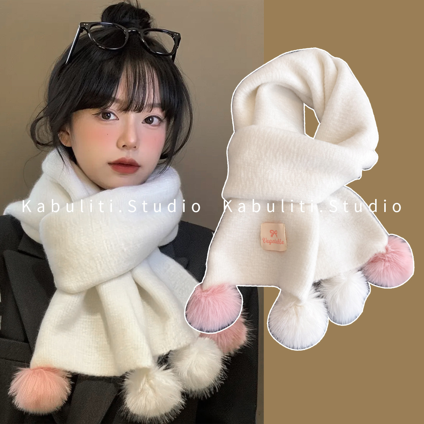毛球毛绒绒针织毛线奶白米白色加厚围巾少女学生可爱甜美护颈围脖