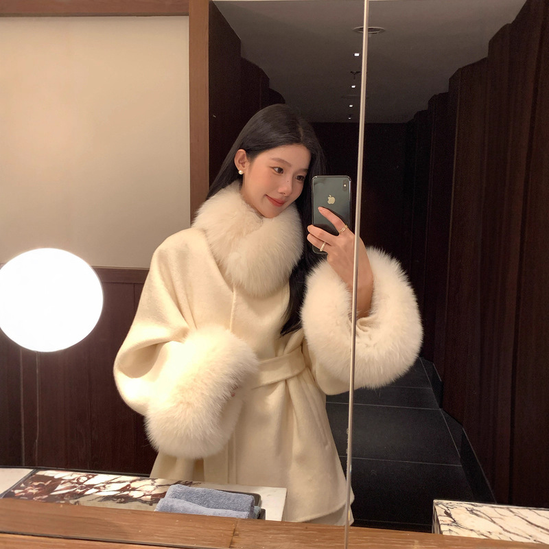 Nanshan Qiaomu 2025 Autumn and Winter New Outwear Double-Sided Cashmere Fox Fur Collar Gold Style Woolen Outwear Short Style