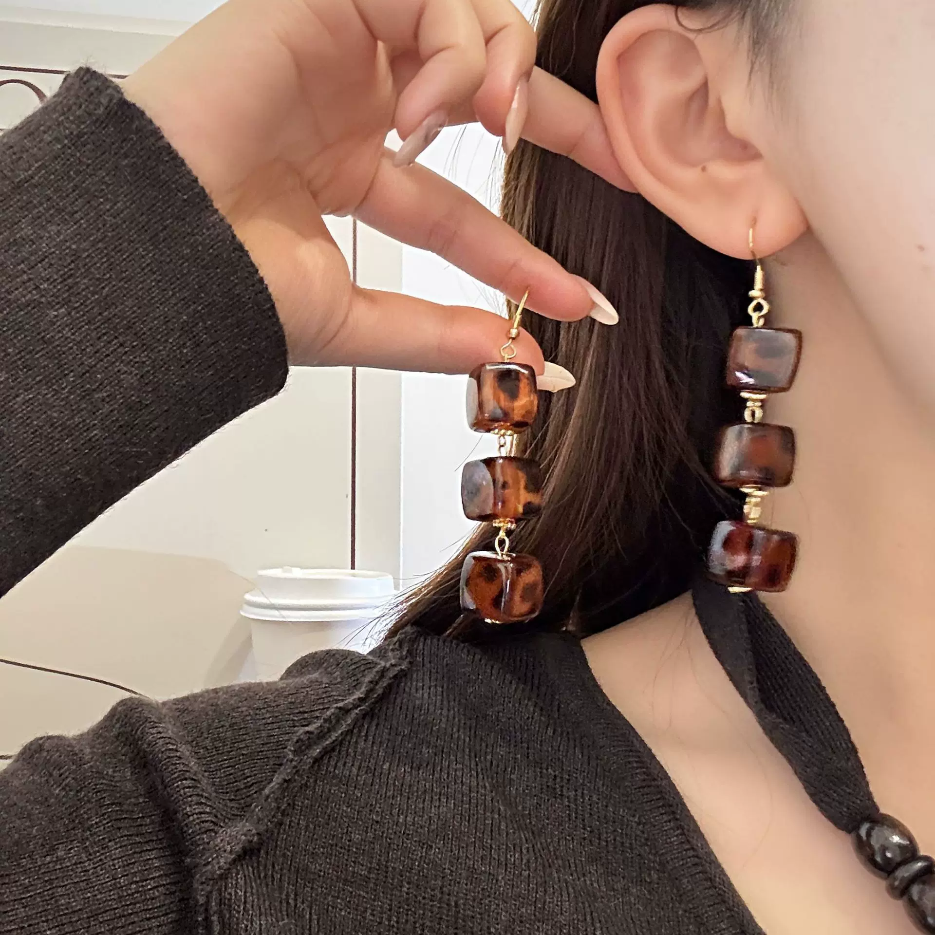 复古美拉德虎眼石立体几何耳环2025冬 季新款独特 小众高级感耳饰