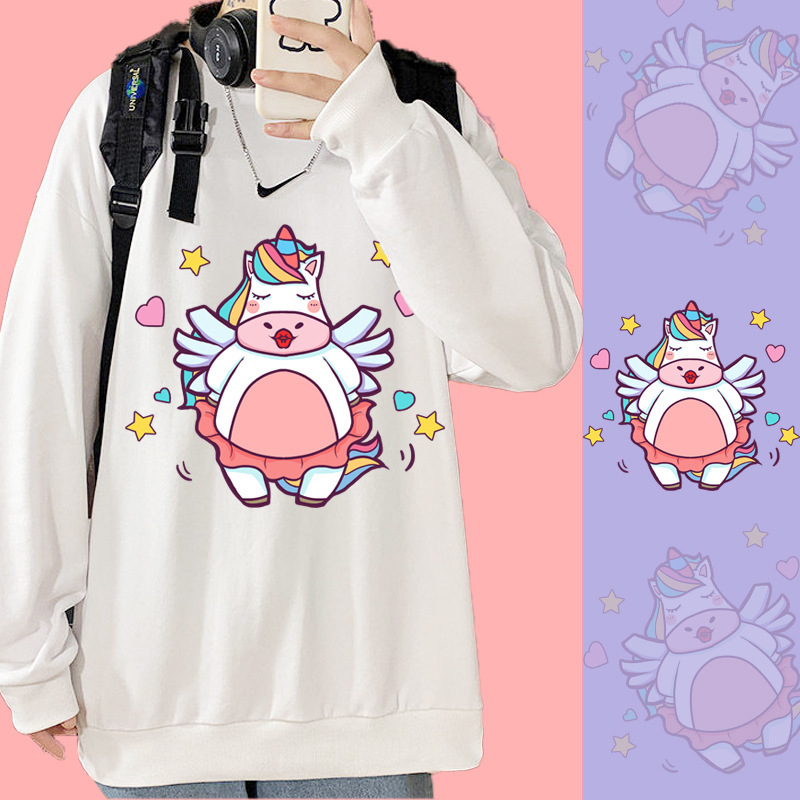 Korean-Style Loose-Fitting Unisex Sweatshirt with a Quirky Unicorn Cartoon Design, Suitable for Couples, Loose Fit