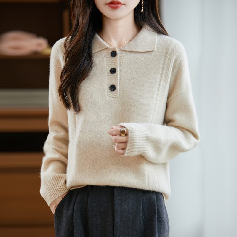 100%纯羊毛2025秋冬新女宽松POLO翻领纯色短款打底上衣针织衫毛衣|undefined