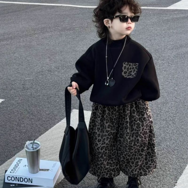 秋季儿童套装2025新款时尚豹纹裤子韩版洋气男女童圆领卫衣卫裤|undefined