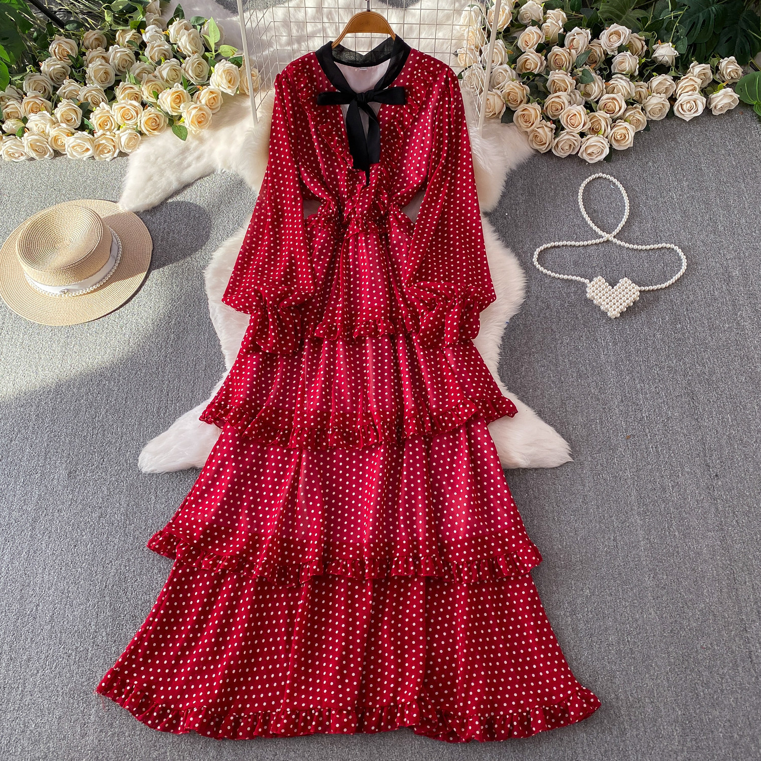 Women's French Sweet Color Block Bow V Neck Long Sleeve Dress Summer Polka Dot Ruffle Hem Elegant Long Skirt_ecoleips.com