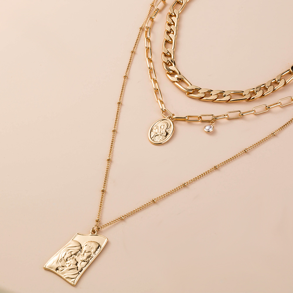 Hip-hop Cuban Chain Multi-layer Necklace With Character Tag_voghion.com