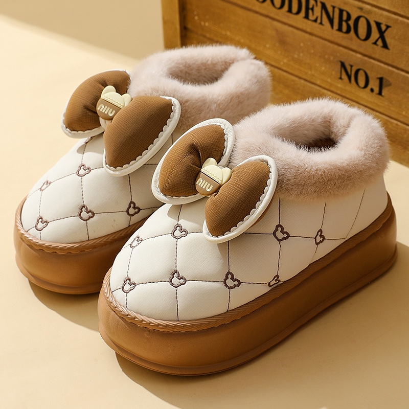 thumbnail image 1 of Zapatillas de algodón de invierno para mujer con lazos para parejas de otoño e invierno, uso doméstico en interiores, zapatillas de felpa de suela suave y gruesa para mujer, 1 of 5