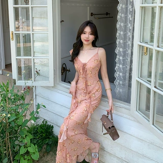 花野迷踪 丝斜裁V领小飞袖荷叶边碎花裙