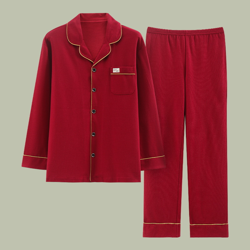 Transfronterizos para otoño recién casados de algodón pijama de manga larga ropa de casa roja grande cardigan set de algodón festivo