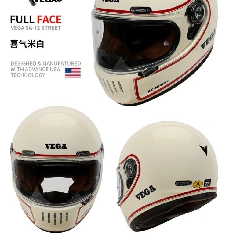 American Vega Motorcycle Retro Helmet, Full-Face Helmet for Men and Women, Motorcycle Cruising Helmet, Four-Season Bluetooth, National Trend 3C, Glossy Black