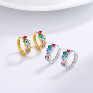 S925 sterling silver irregular colored zirconium earrings for women, a pair of temperament and versatile circle earrings, niche light luxury, no-removal earrings
