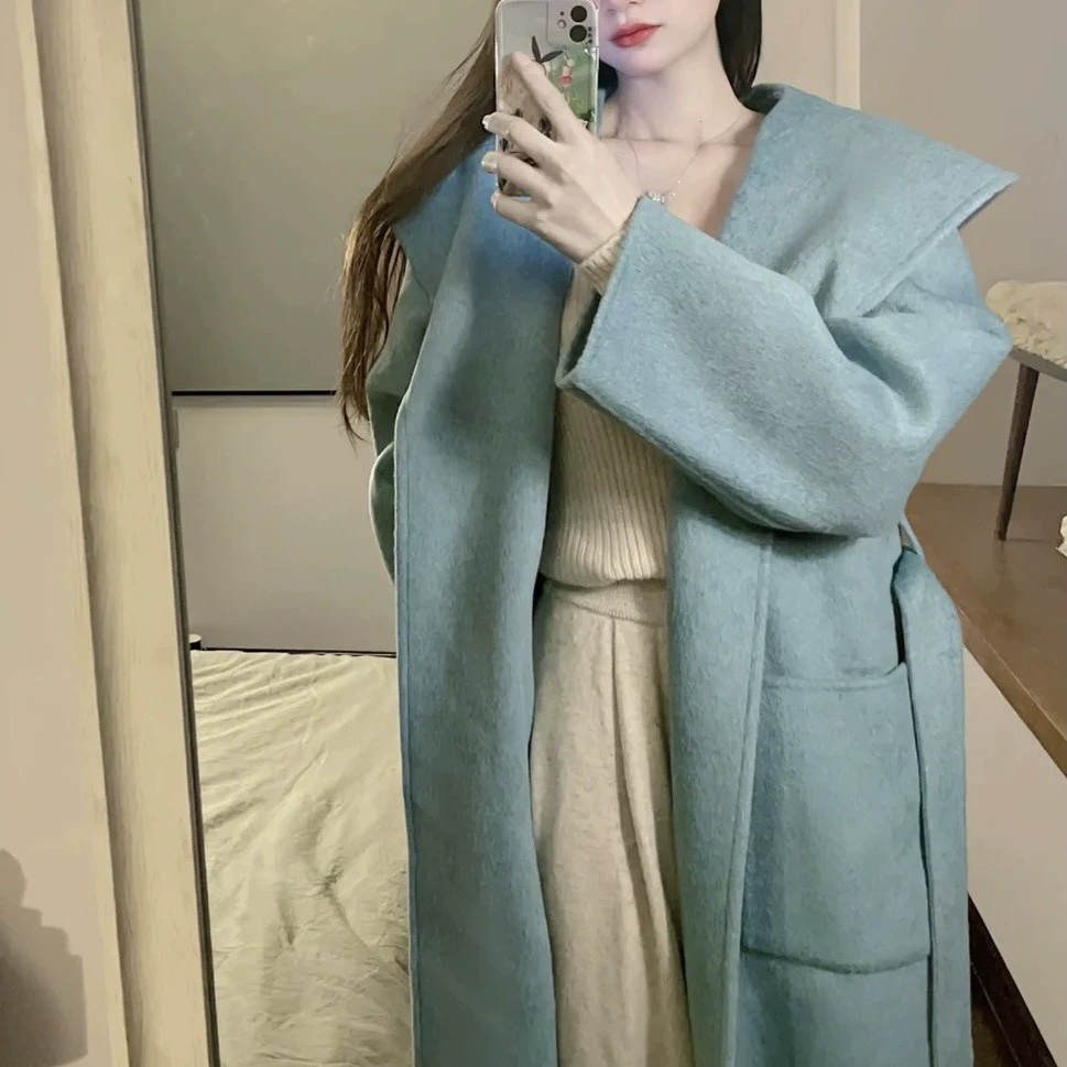 Синее двустороннее кашемировое пальто, Женское зимнее утолщенное длинное шерстяное пальто с большими лацканами, высококачественное шерстяное пальто