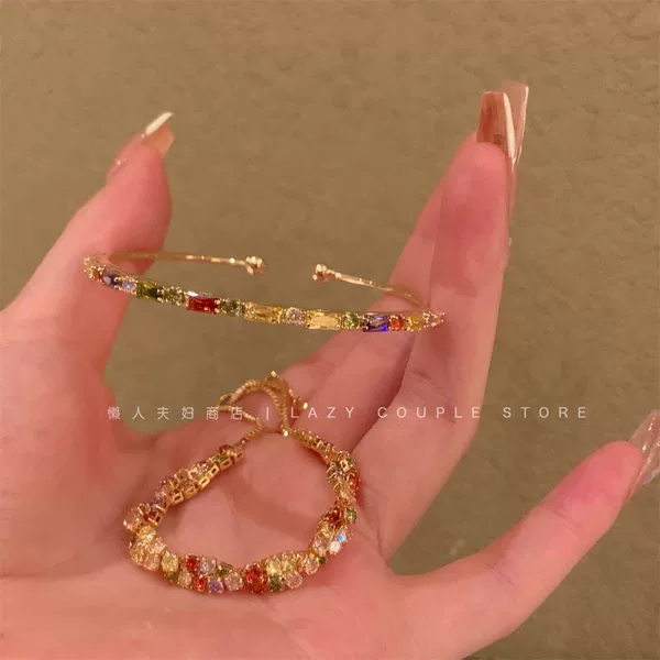 Korean Style Explosive Super Flash Color Zircon Bracelet Women's Light Luxury Niche Delicate High-end Sense Bracelet Internet Celebrity Same Style Bracelet