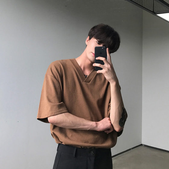 MYQ Summer Boys Korean V-neck Short-sleeved T-shirt Solid Color Loose Half-sleeved T-shirt Couple Hong Kong Style Clothes