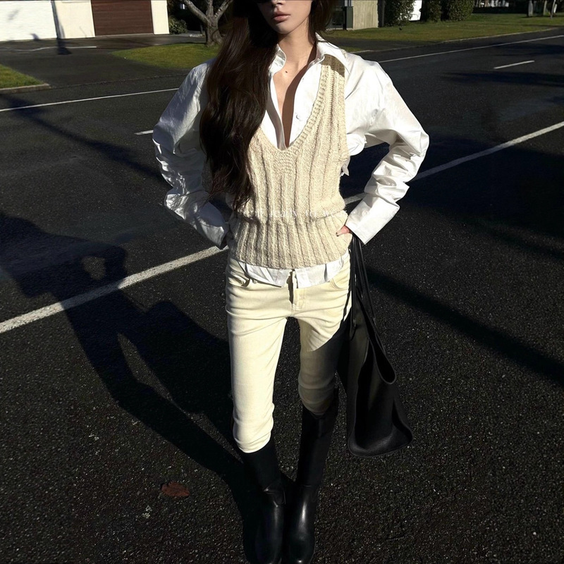0122Stel Soul Layered Vest Vest Real Two-Piece Women's V-Neck Knitted Top White Shirt Suit