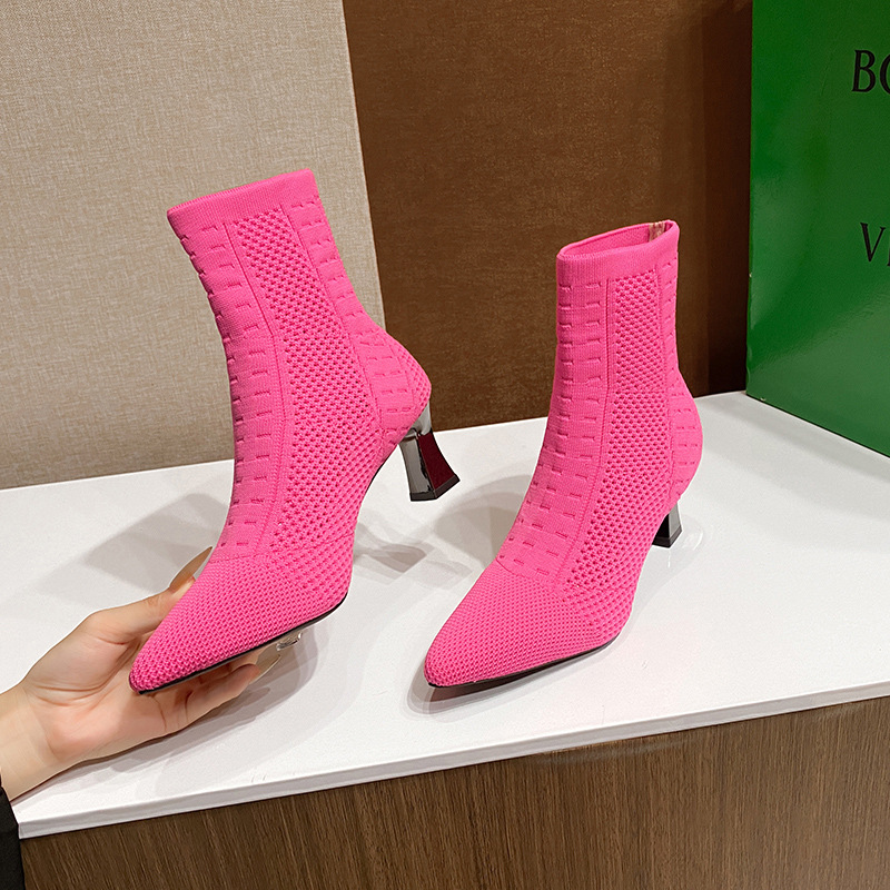 Large size new pointed socks boots women's medium tube thick heel high heels fashion outside elastic boots wool boots_voghion.com