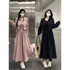 黑色吊带连衣裙外搭开衫高级感秋季穿搭气质裙子胖mm遮肚显瘦长裙