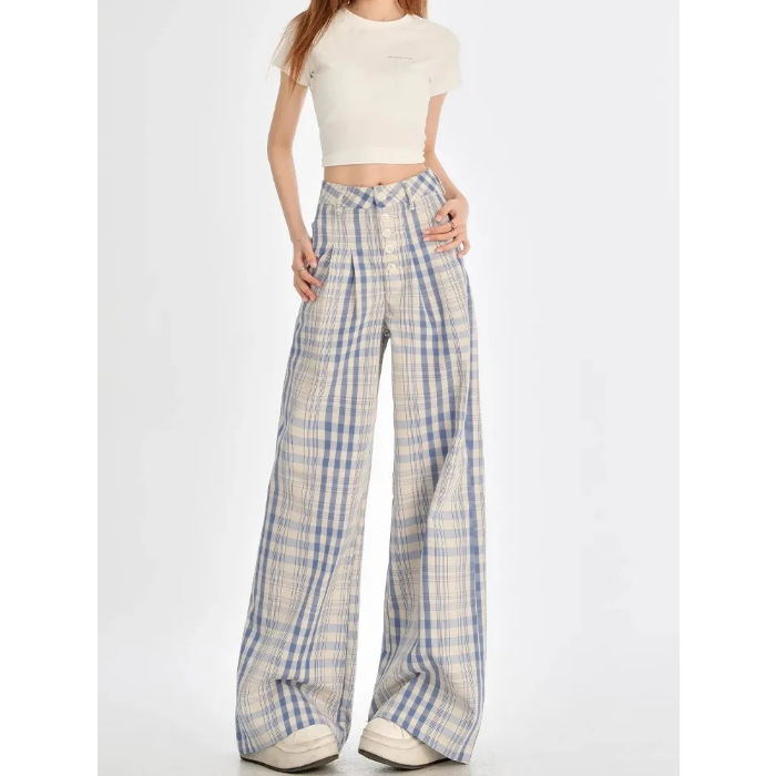Pantalones casuales de piernas anchas a cuadros azules claros de mujeres otoño y invierno nuevos diseños de hebilla de cintura alta y pantalones de trapazón rectos sueltos y delgados image 6