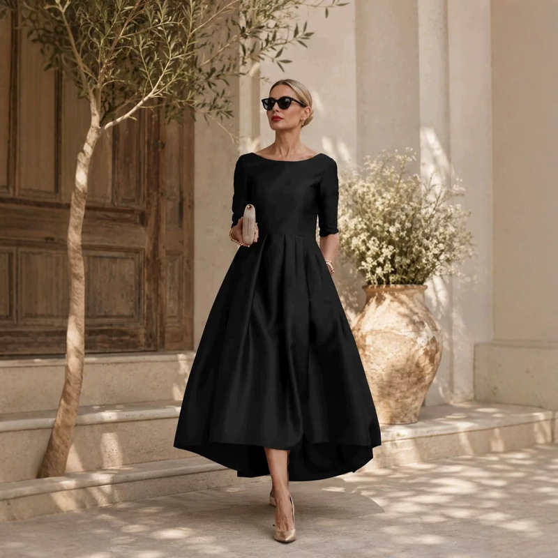 Satin Wedding Dress 2026 New Style Black Simple One-Shoulder Short-Sleeved Bride Outdoor Travel Photography Mid-Length Light Wedding Dress