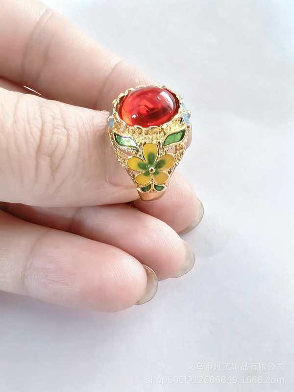 ベトナムの砂金エナメル蝶の花の指輪をまねるレトロな女性の指輪は金のエナメルの指輪のアクセサリーの生放送の金をめっきします。|undefined
