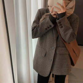 咖色千鸟格子毛呢西装外套女2026春秋新款韩版宽松羊毛呢子大衣薄