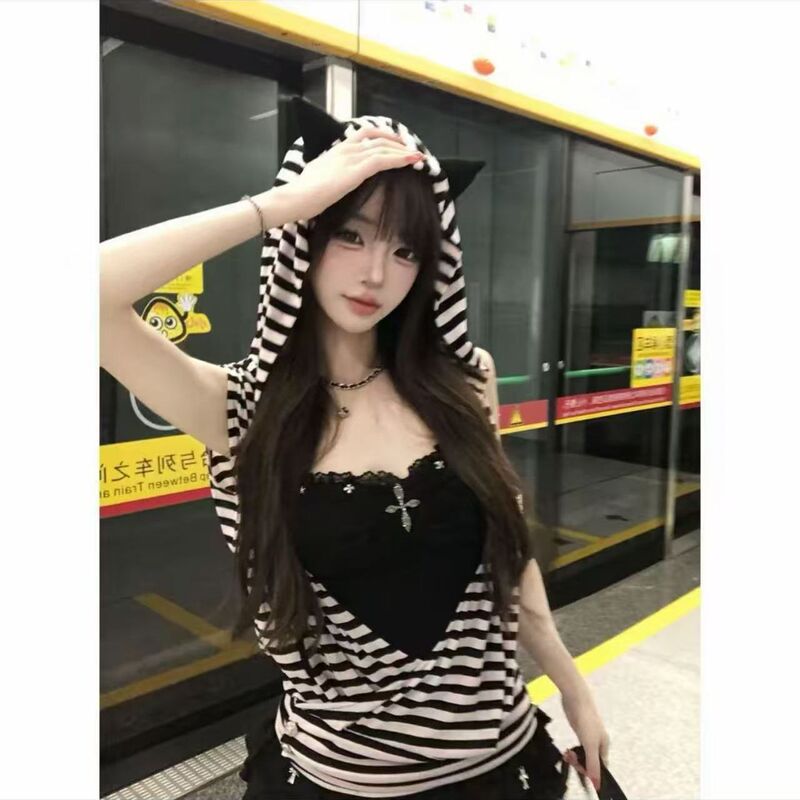 Little Devil Diary Sweet Cool Hot Girl Outfit Black and White Striped Hooded T-Shirt Top Halter Neck Tank Top for Women Summer Little Devil Diary Sweet Cool Hot Girl Outfit Black and White Striped Hooded T-Shirt Top Halter Neck Tank Top for Women Summer