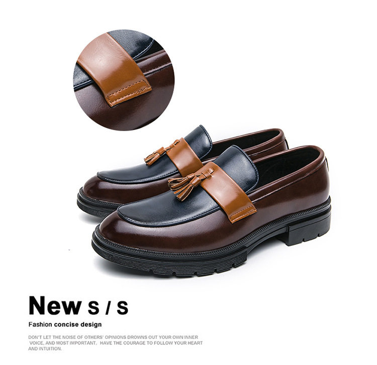 Giày lười nam da PU mũi nhọn phối màu tua rua kiểu Anh, gót thấp 1-3 cm — 2909 nâu xanh lam, 2909 đen trắng chi tiết 3
