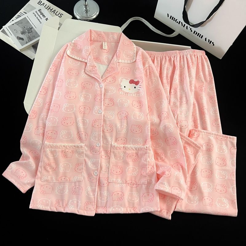 Super lindo rosa Kitty gato pijama mujer otoño invierno calentamiento de terciopelo de manga larga pantalones largos set de ropa para el hogar de alto valor