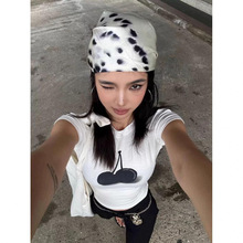 美式甜酷辣妹ins樱桃印花正肩短款修身显瘦短袖T恤女夏季弹力上衣