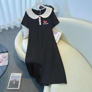 130-350 plus size women's chubby girl love embroidery short sleeve dress long small black skirt slim summer new