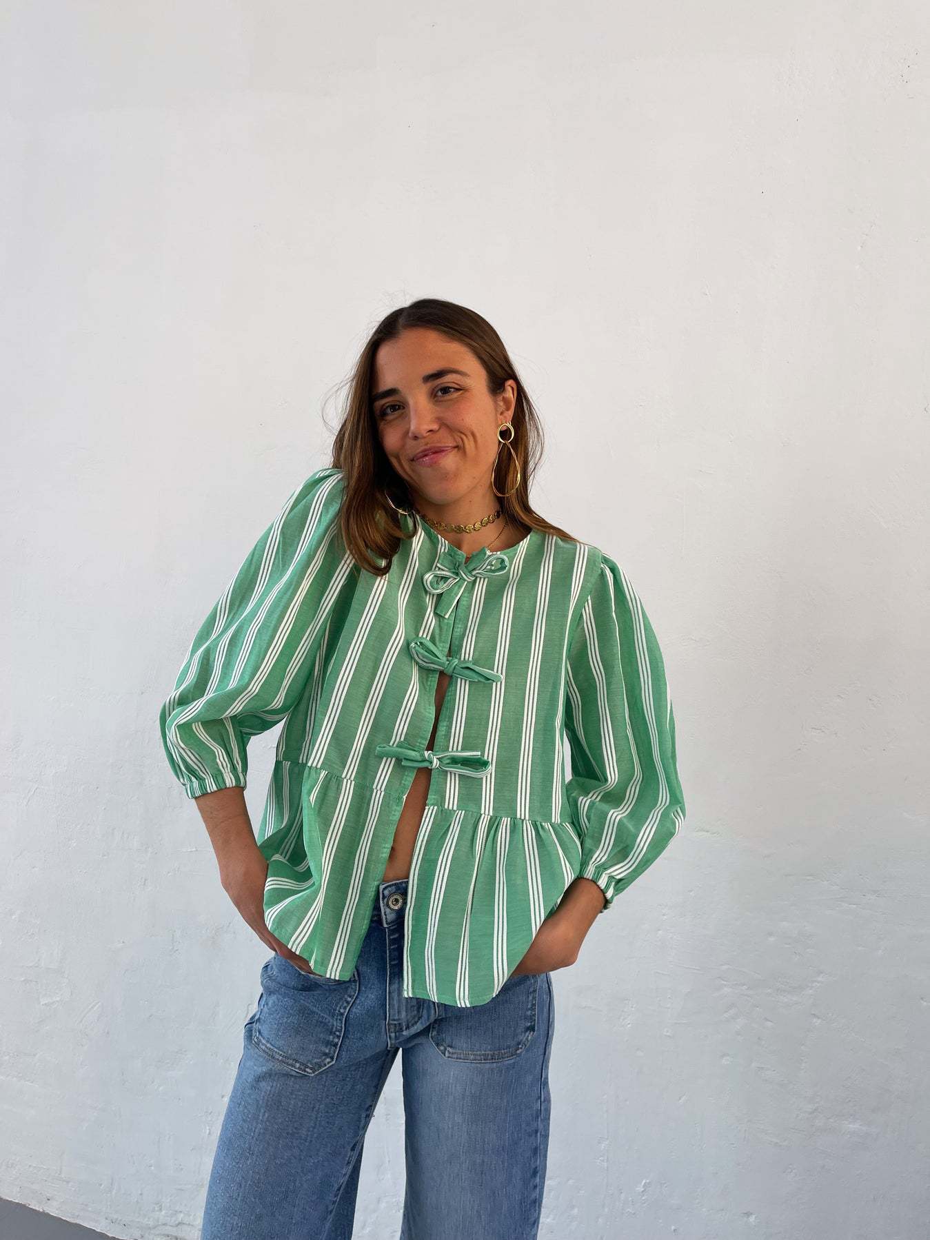 210g Weight Half Sleeve Sleeve Length Tie Placket Type Regular Sleeve Sleeve Type Polyester Fabric Type Regular Top Length Blouse Tops Type Holiday Occasion Round Neck Neckline Loose Fit Type Stripe Pattern Summer, Spring Season Women's Gender Streetwear Style Wholesale Women's Streetwear Stripe Half Sleeve Blouses 3
