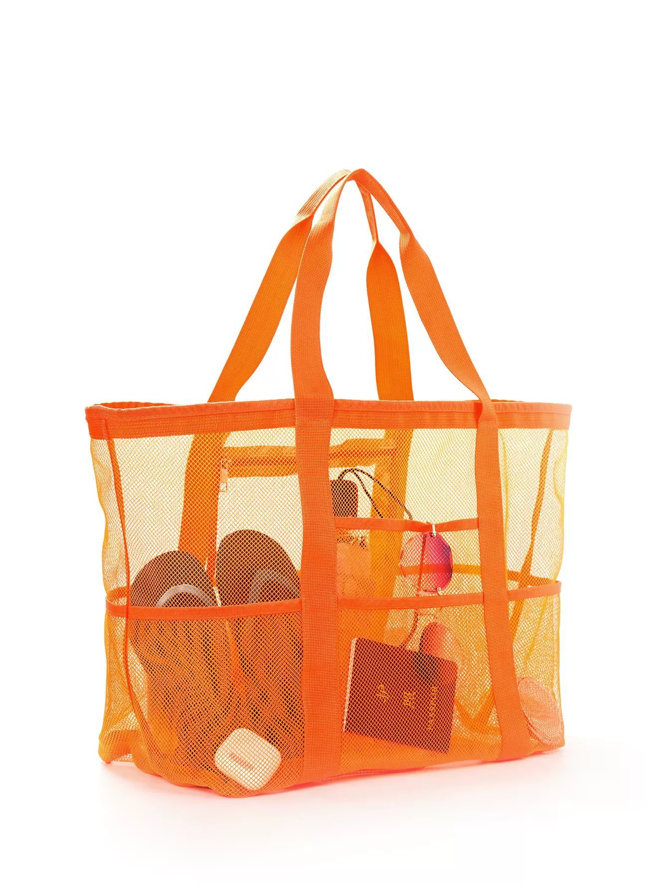 Beach Organizer Bag, capacious mesh tote, multi-pocket lightweight beach bag