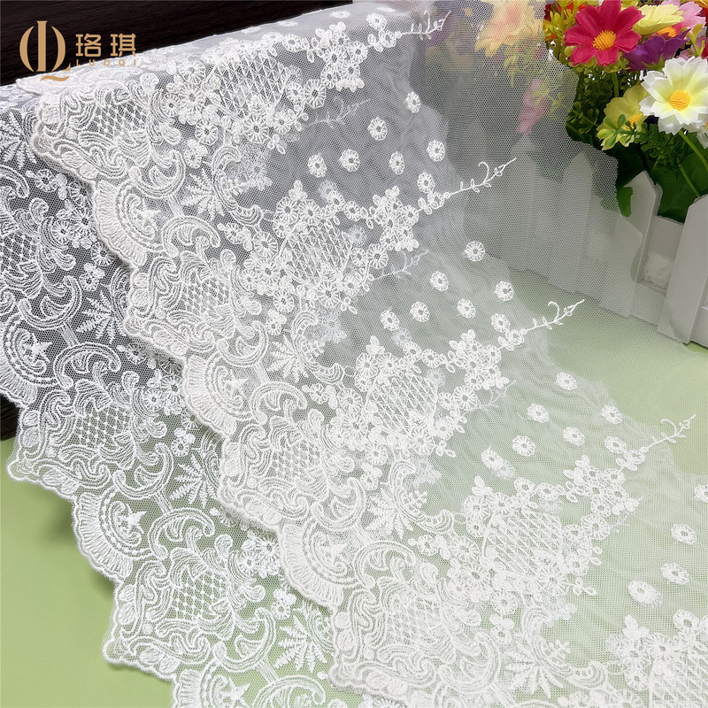 Luoqi Lace Trim, 24.5cm Wide, Mesh Embroidery, European-Style Lace Accessories for Wedding Dresses, Lingerie, Women's Clothing, and Extended Skirt Edges