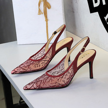 8088-3 European and American style banquet high-heeled shoes with pointed lace mesh and empty back, straight buckle strap, thin heel, worn as sandals