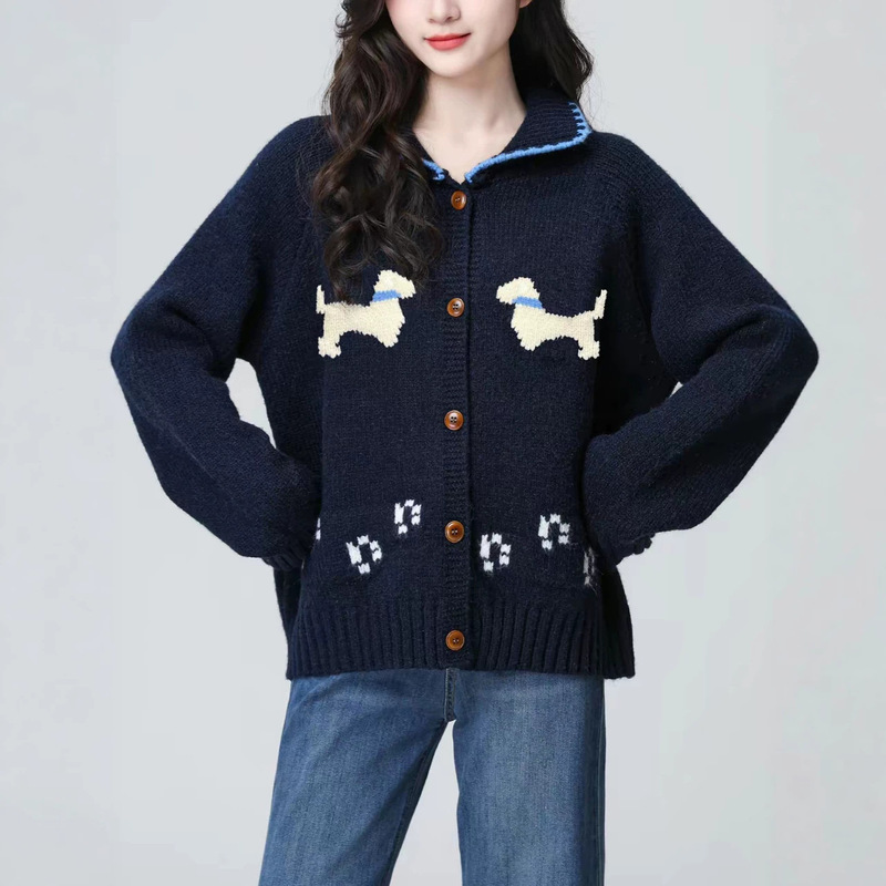 High-quality Korean-style jacquard lapel puppy knit cardigan for women, 2026 autumn and winter new loose-fit age-reducing sweater coat High-quality Korean-style jacquard lapel puppy knit cardigan for women, 2026 autumn and winter new loose-fit age-reducing sweater coat