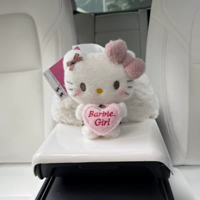 Cute plaid kitty car tissue box, tissue holder, tissue bag, car interior decoration, new car gift, niche product (Car tissue box/set) - pink-fluffy-cat-skirt-with-pink-heart-white-plush-armrest-cover