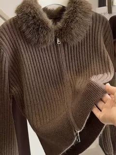2025新款毛领拼接双拉链毛衣外套女秋冬新款别致慵懒风百搭显瘦