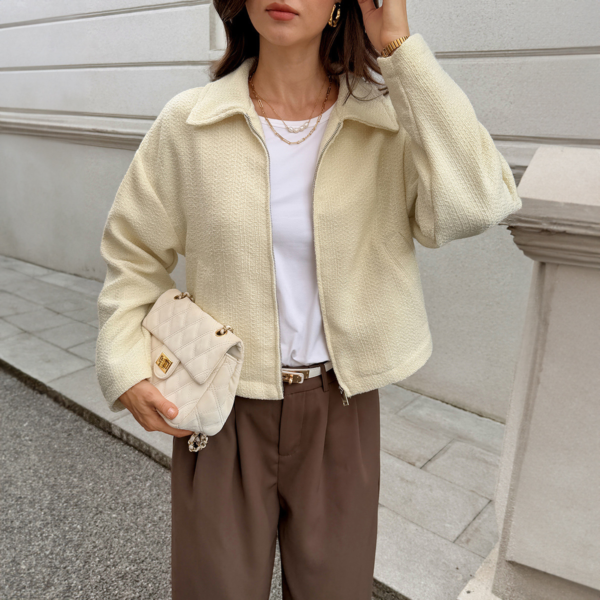 Women's Casual Long Sleeve Jacket – Lightweight Wrinkle-Free Coat With Stand Collar & Zip Front (S-XL, Beige)​_ecoleips.com