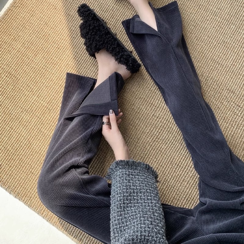High-End Gray Chenille New Wide-Leg Pants for Women, High-Waisted Draped Floor-Length Pants, Slit Micro-Flared Pants, Lazy Style Pants