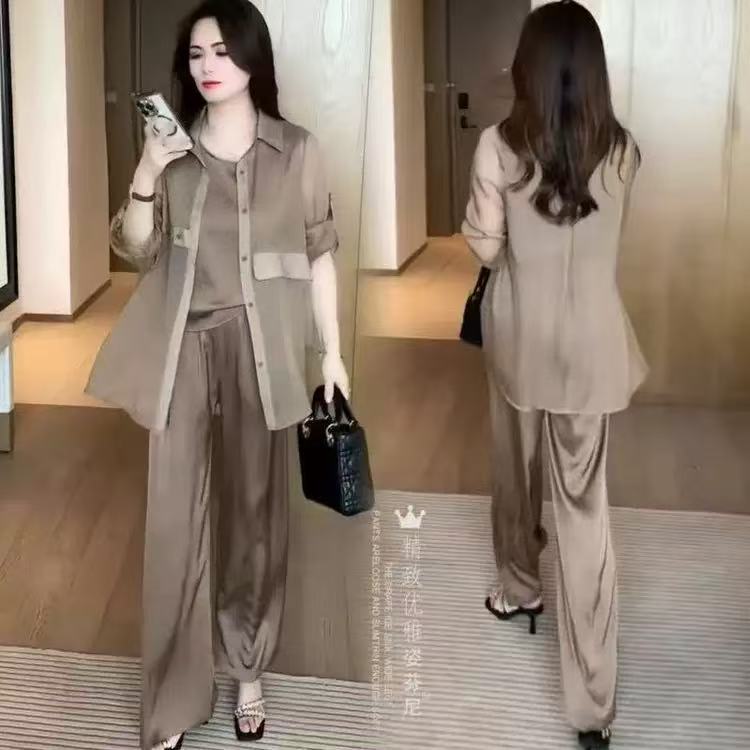 一件代发时尚套装女2025夏季款洋气显瘦防晒衬衫阔腿裤休闲三件套|undefined